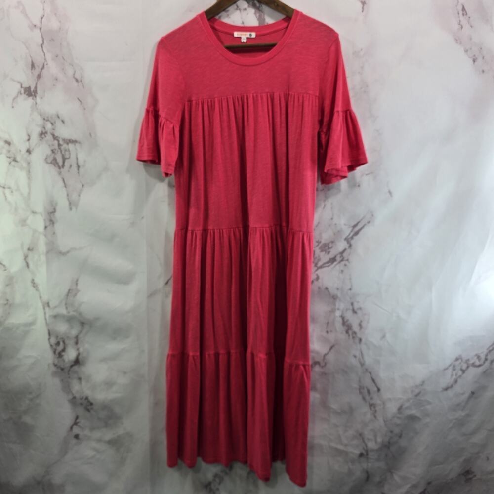 Sundry Dress Womens 0 XS Pink Tiered Coral Stretch Knit Flared Sleeve Midi Long
